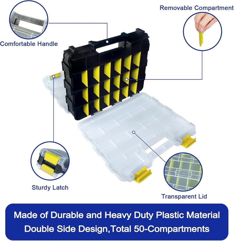 BUSY-CORNER Double Side Tool Box Organizer, Hardware Storage Box, Portable Small Parts Organizer with Removable Plastic Dividers for Screws, Nuts, Nails, Bolts, Yellow - Image 2